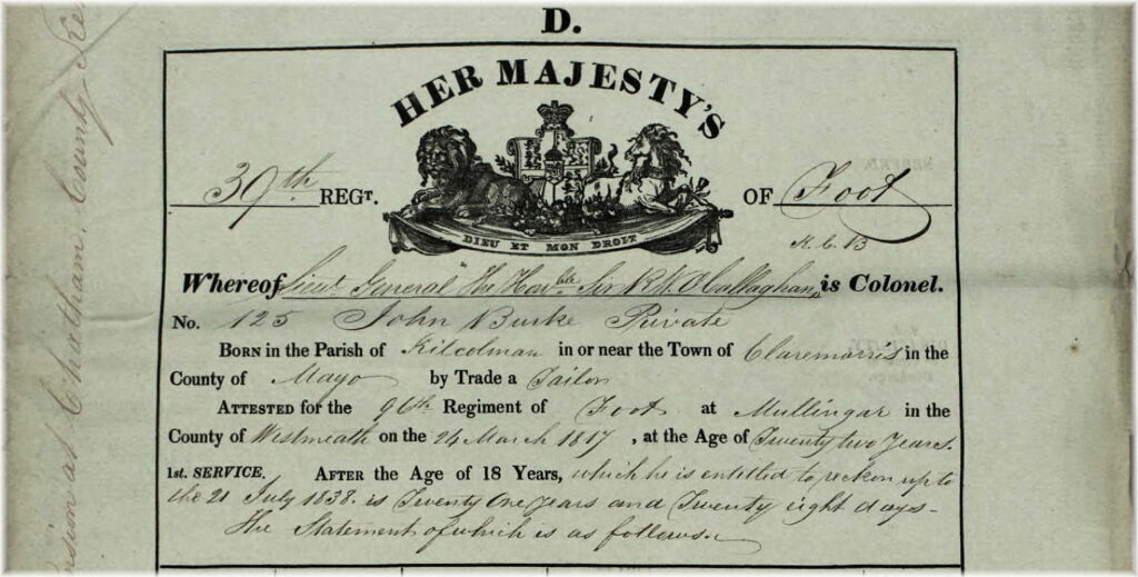 Top of Attestation form for John Burke (1795–1839) of Claremorris, county Mayo; to illustrate this page entitled, "Transcripts from British Army service records."